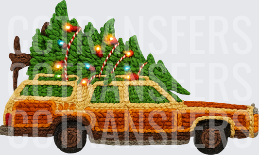 Crochet Style Woody Station Wagon Christmas Tree Car (DTF)