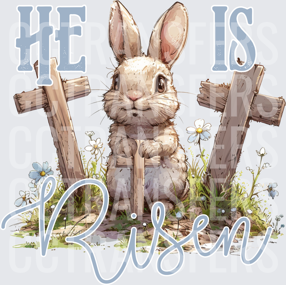 He Is Risen Easter Bunny with Crosses and Wildflowers (DTF)