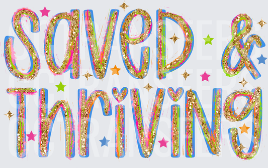 Saved & Thriving Gold Glitter Colorful Stars (DTF)