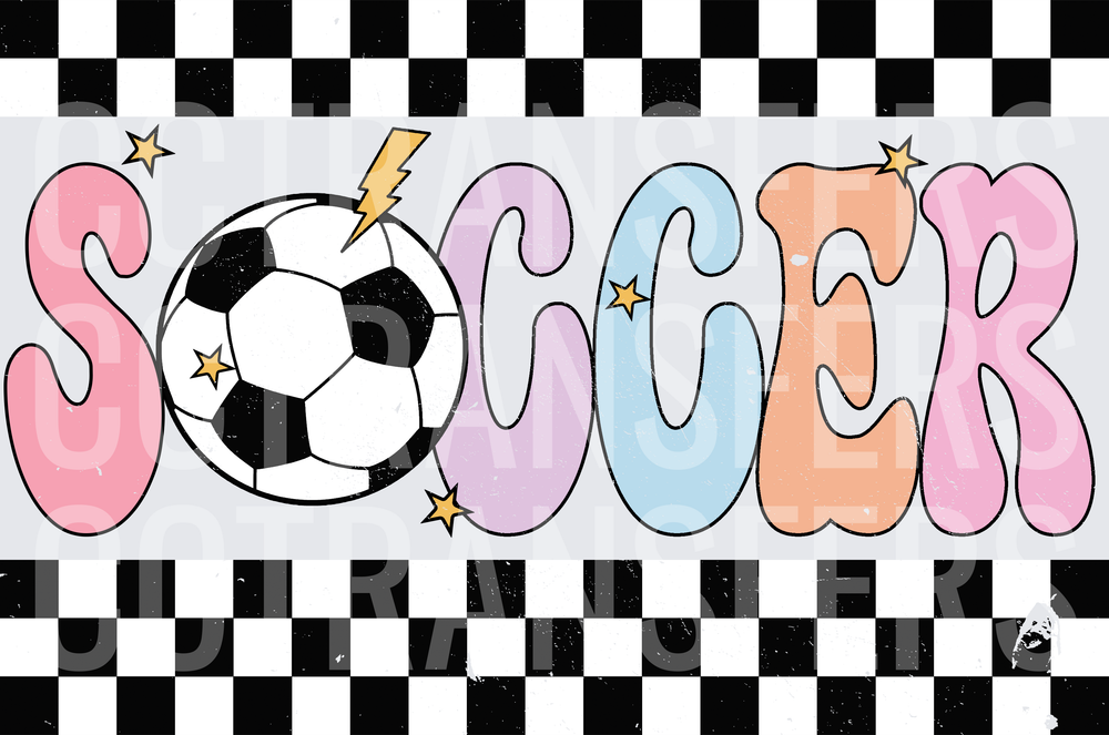 Retro Groovy Soccer Ball Stars Lightning Bolt Checkered (DTF)