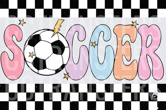 Retro Groovy Soccer Ball Stars Lightning Bolt Checkered (DTF)