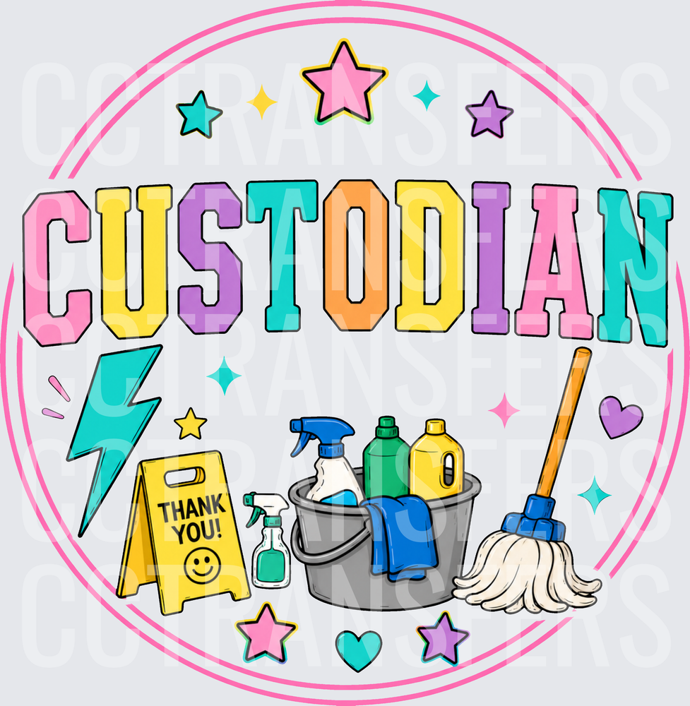 Custodian Colorful Cleaning Supplies Thank You Circle (DTF)