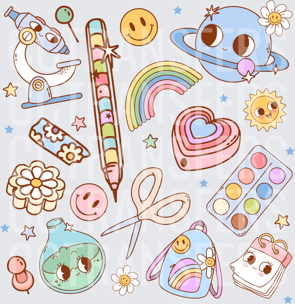 Kawaii Pastel Back to School Supplies Doodle Bundle (DTF)
