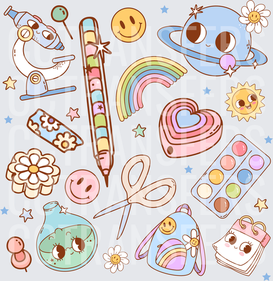 Kawaii Pastel Back to School Supplies Doodle Bundle (DTF)