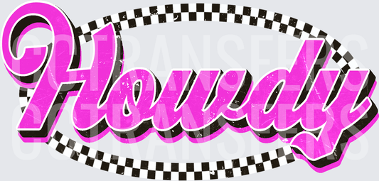 Howdy Bold Retro Script Checkered Border Distressed (DTF)