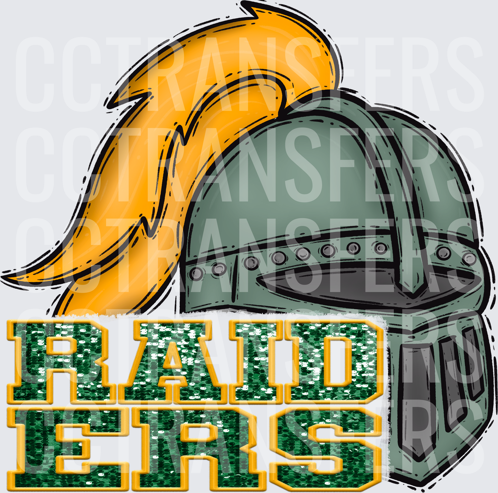 Raiders Knight Helmet Green Gold Glitter Mascot (DTF)