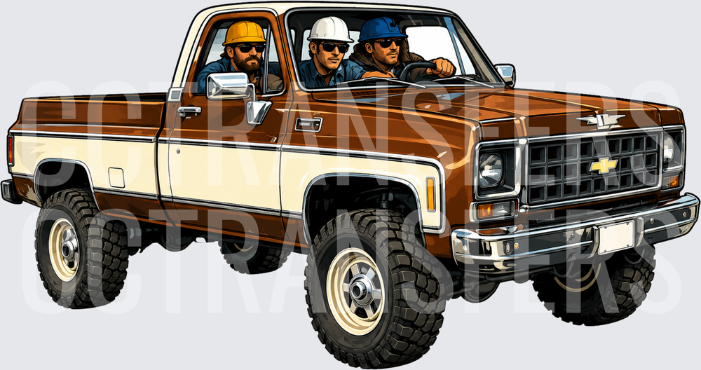 Classic Brown Lifted Pickup Crew Wearing Hard Hats (DTF)