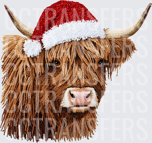 Fluffy Highland Cow Santa Hat Christmas Portrait (DTF)