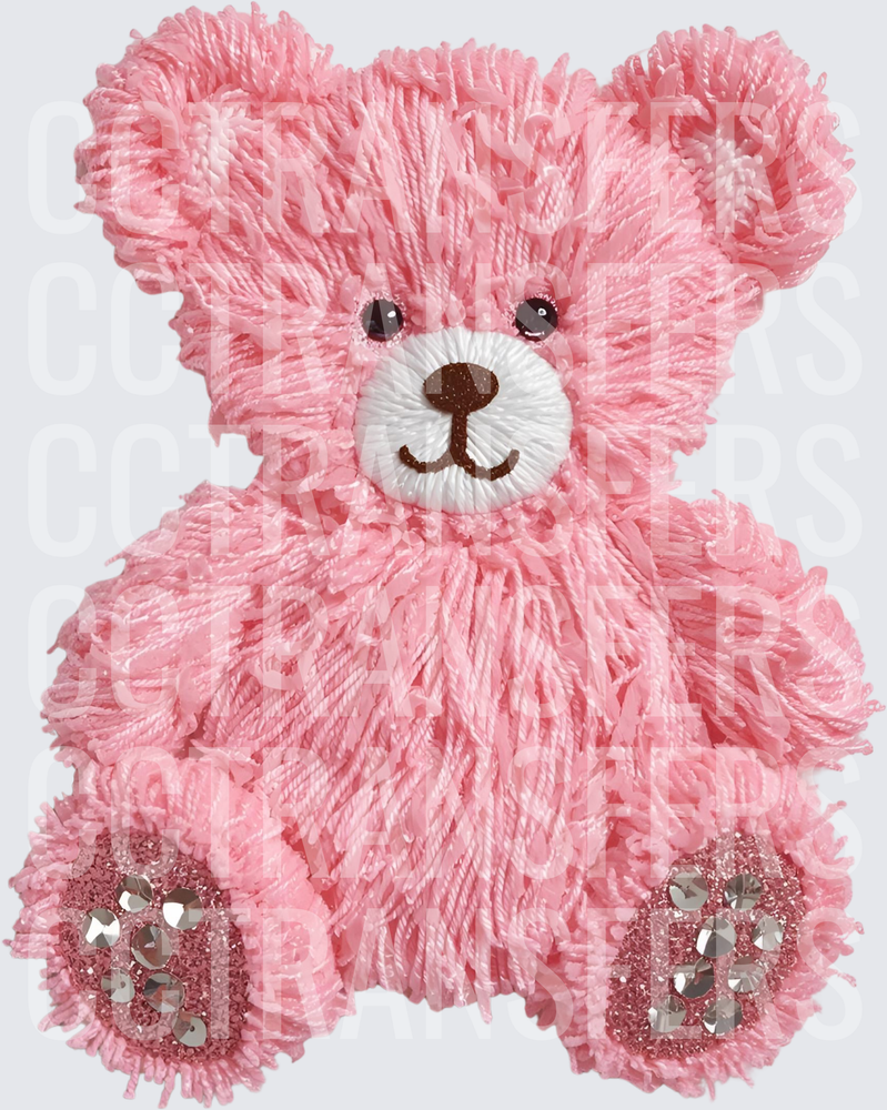 Fluffy Pink Yarn Teddy Bear with Rhinestone Paws (DTF)