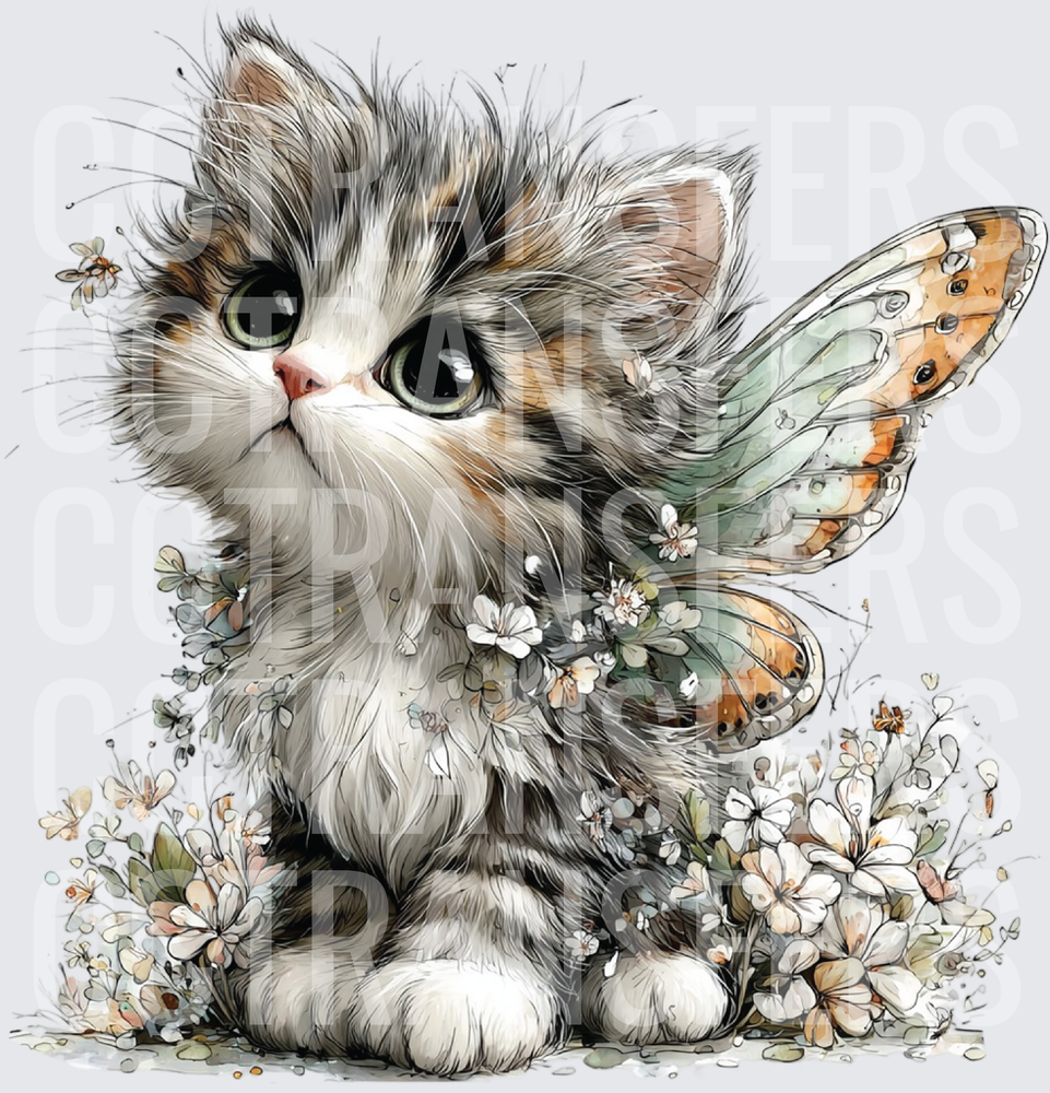 Fluffy Kitten with Butterfly Wings and Wildflowers (DTF)
