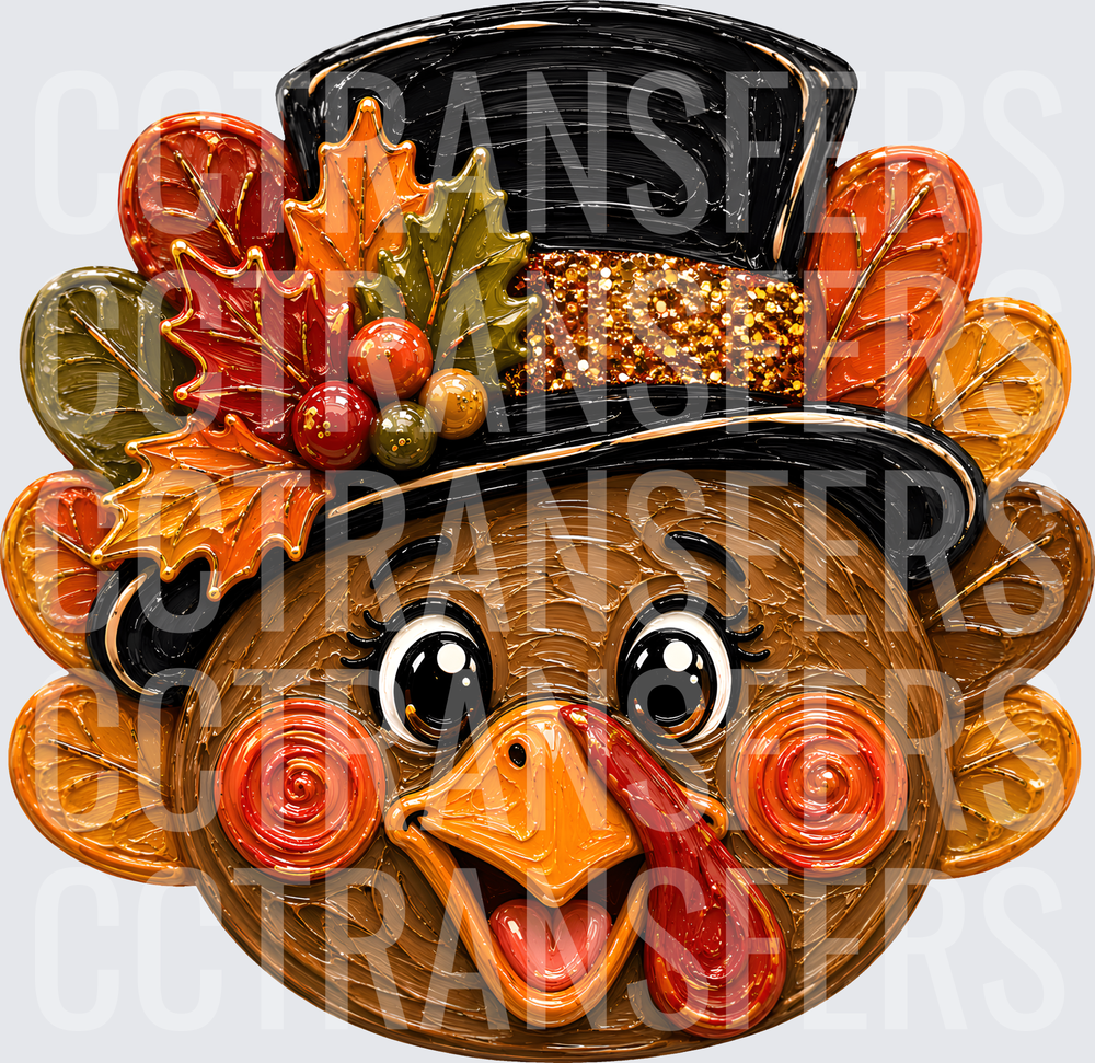 Cute Turkey Face Black Top Hat Fall Leaves Glitter (DTF)