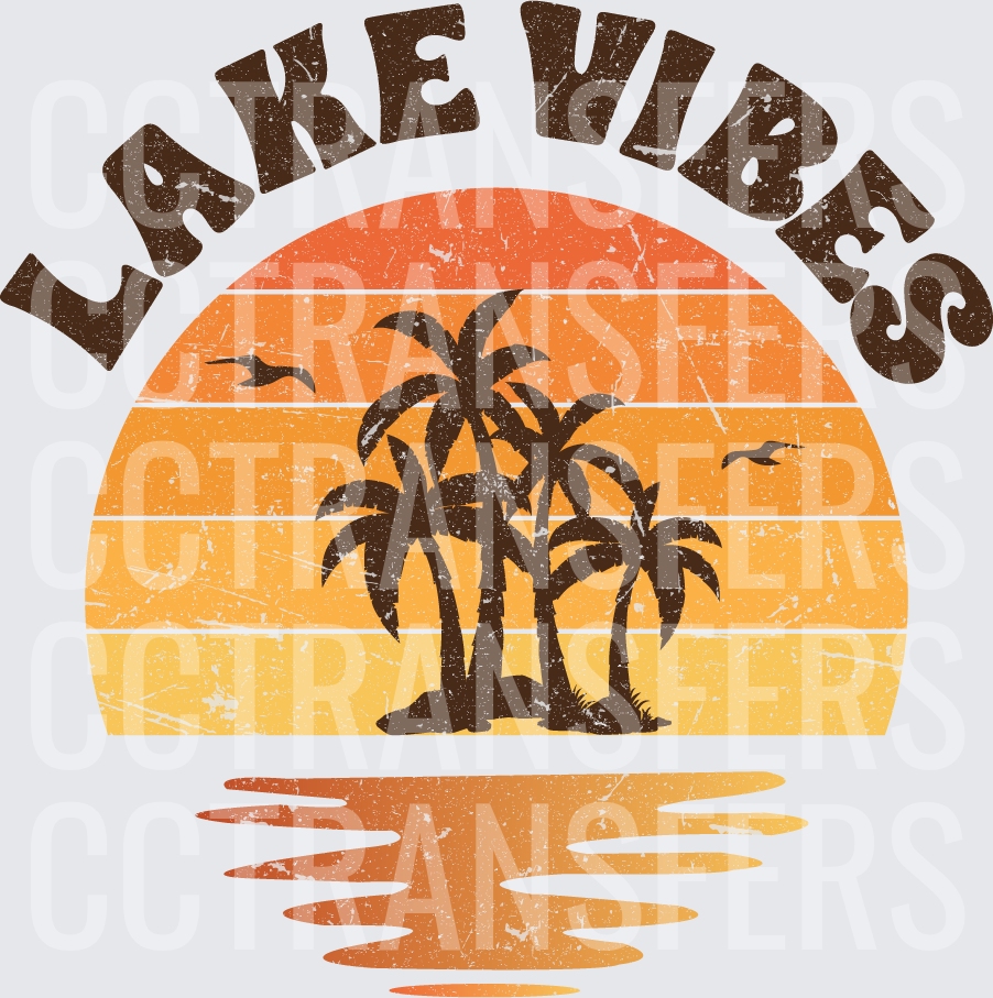 Lake Vibes Retro Sunset Palm Trees Water Reflection (DTF)