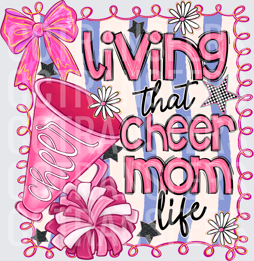 Living That Cheer Mom Life Pink Megaphone Bow Pom (DTF)