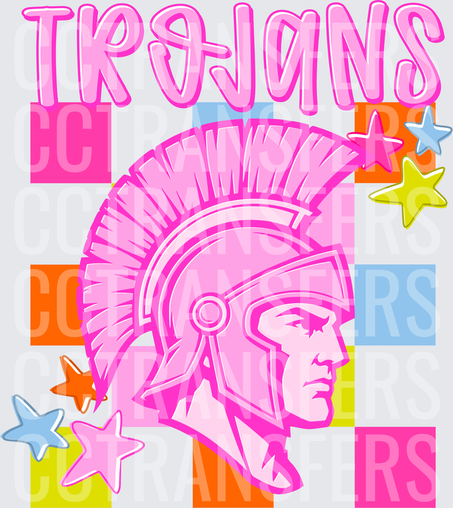 Trojans Mascot Pink Retro Checkerboard Stars (DTF)