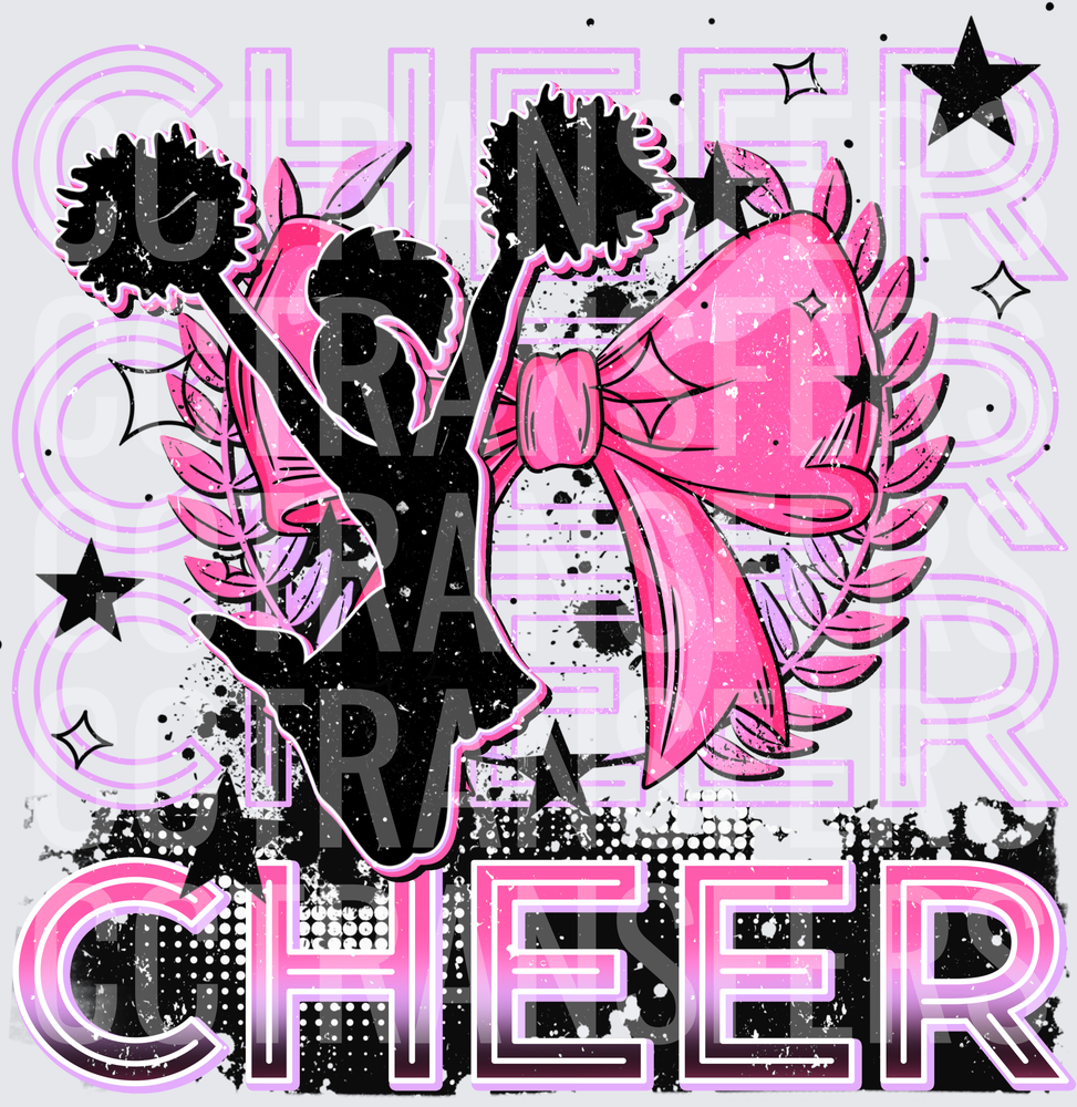 Cheer Silhouette Pink Bow Pom Poms Stars Grunge (DTF)