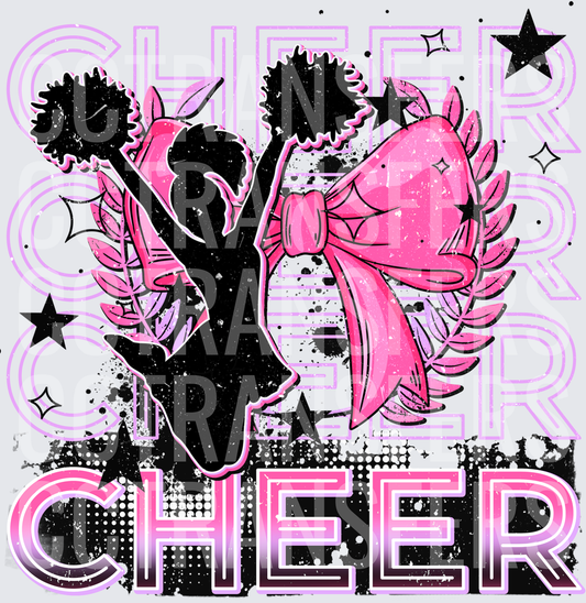 Cheer Silhouette Pink Bow Pom Poms Stars Grunge (DTF)
