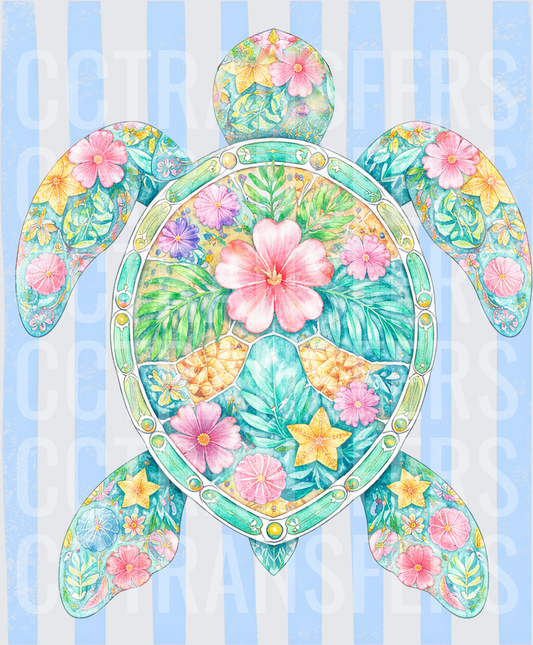 Tropical Floral Sea Turtle Blue Stripe Watercolor (DTF)