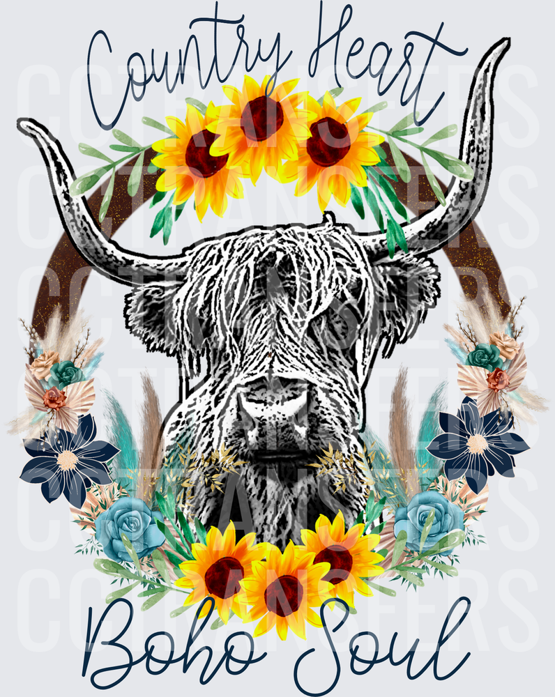 Country Heart Boho Soul Highland Cow Floral (DTF)