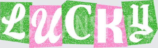 Lucky Glitter Pink Green Block Letter Word Design (DTF)
