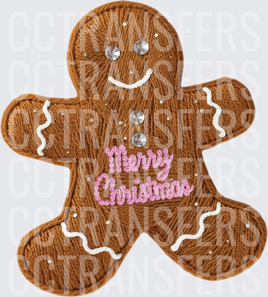 Merry Christmas Embroidered Gingerbread Man with Rhinestones (DTF)