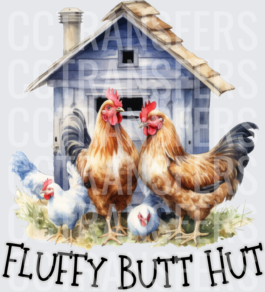 Fluffy Butt Hut Watercolor Chickens & Coop (DTF)