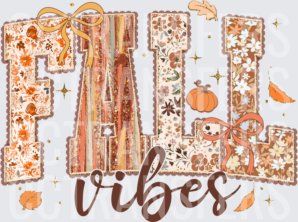 Fall Vibes Floral Patchwork Letters Pumpkin Bow Design (DTF)