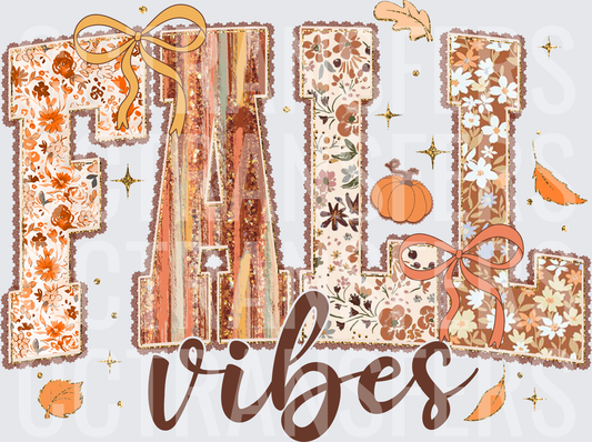 Fall Vibes Floral Patchwork Letters Pumpkin Bow Design (DTF)