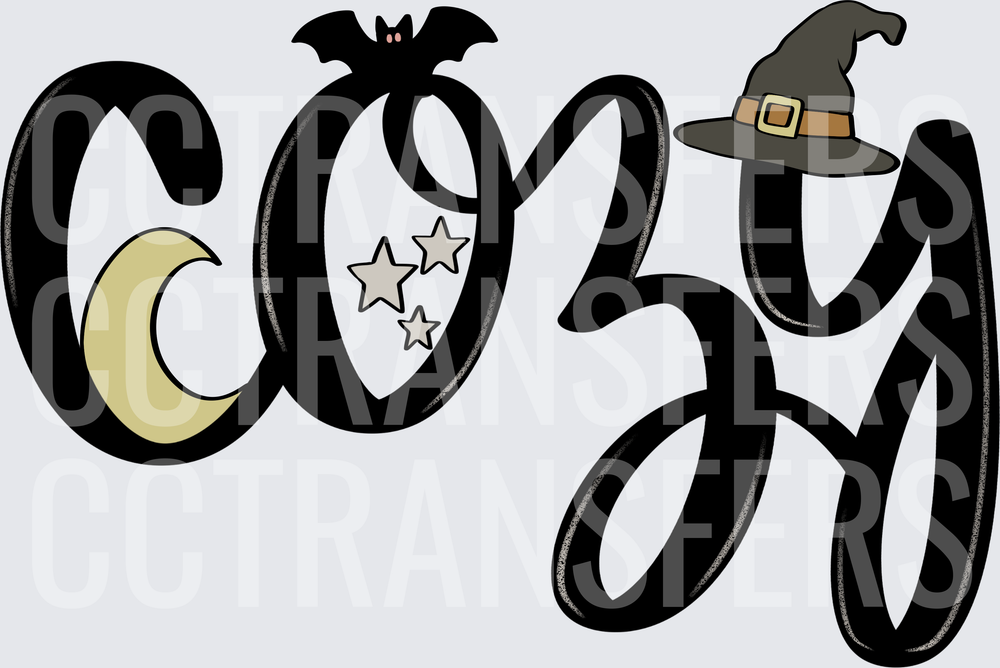 Cozy Halloween Script with Bat Moon Stars Witch Hat DTF