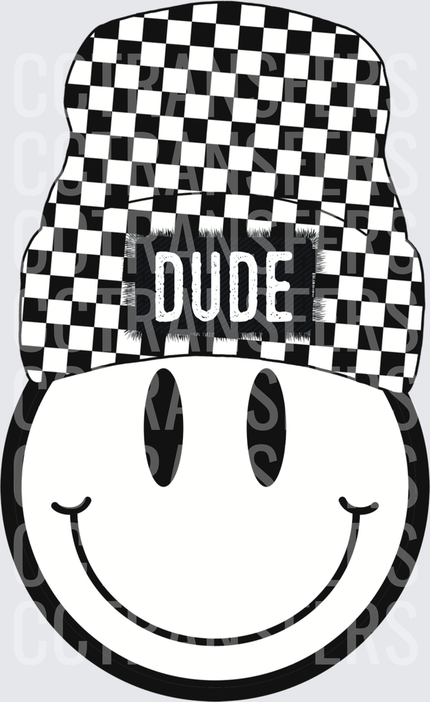 Smiley Face Dude Black White Checkered Beanie Hat (DTF)