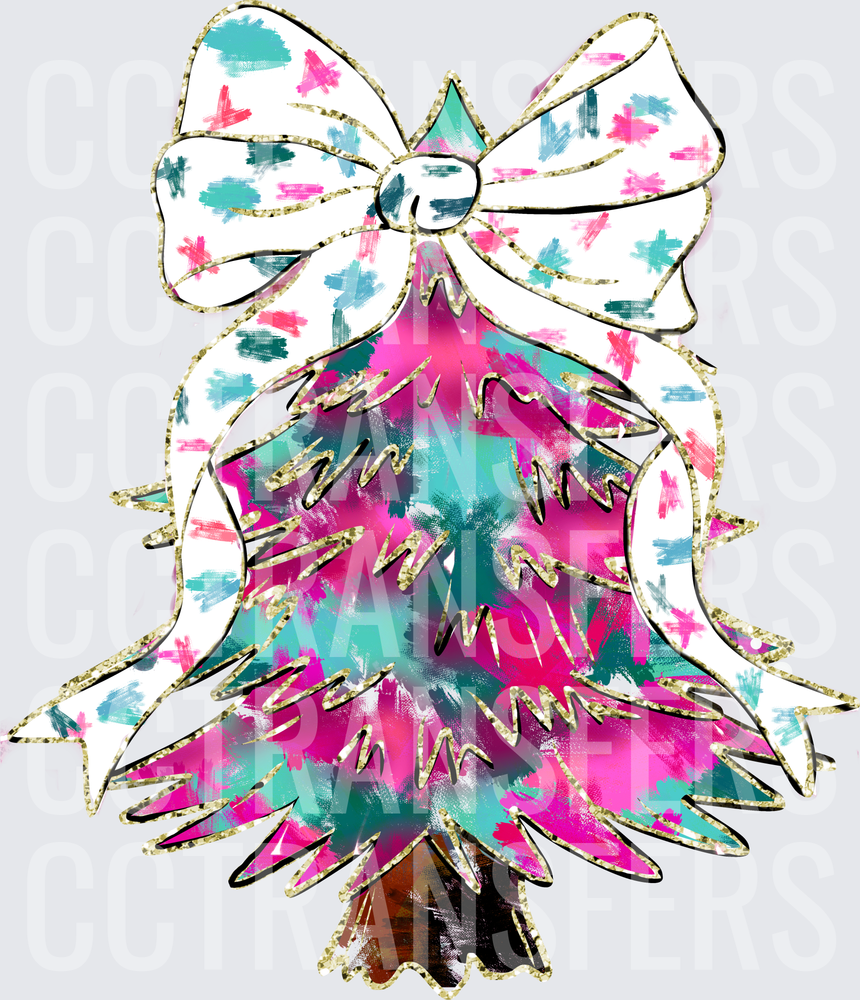 Colorful Brush Stroke Christmas Tree with Gold Glitter Bow (DTF)