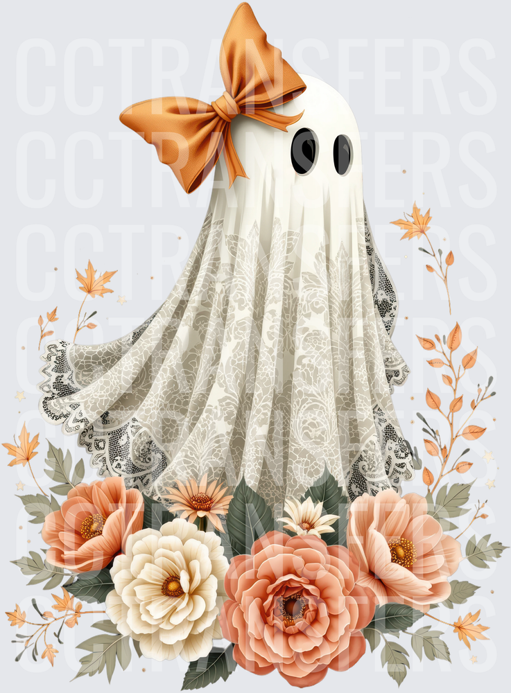 Cute Ghost Lace Dress Orange Bow Fall Florals (DTF)