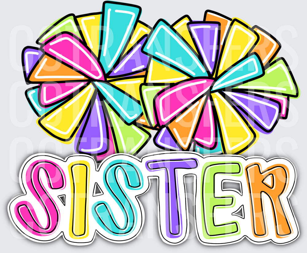 Colorful Cheer Pom Poms Sister Bold Lettering DTF