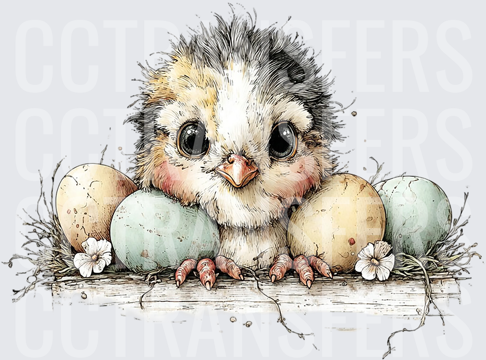 Fluffy Baby Chick Nestled With Speckled Eggs (DTF)