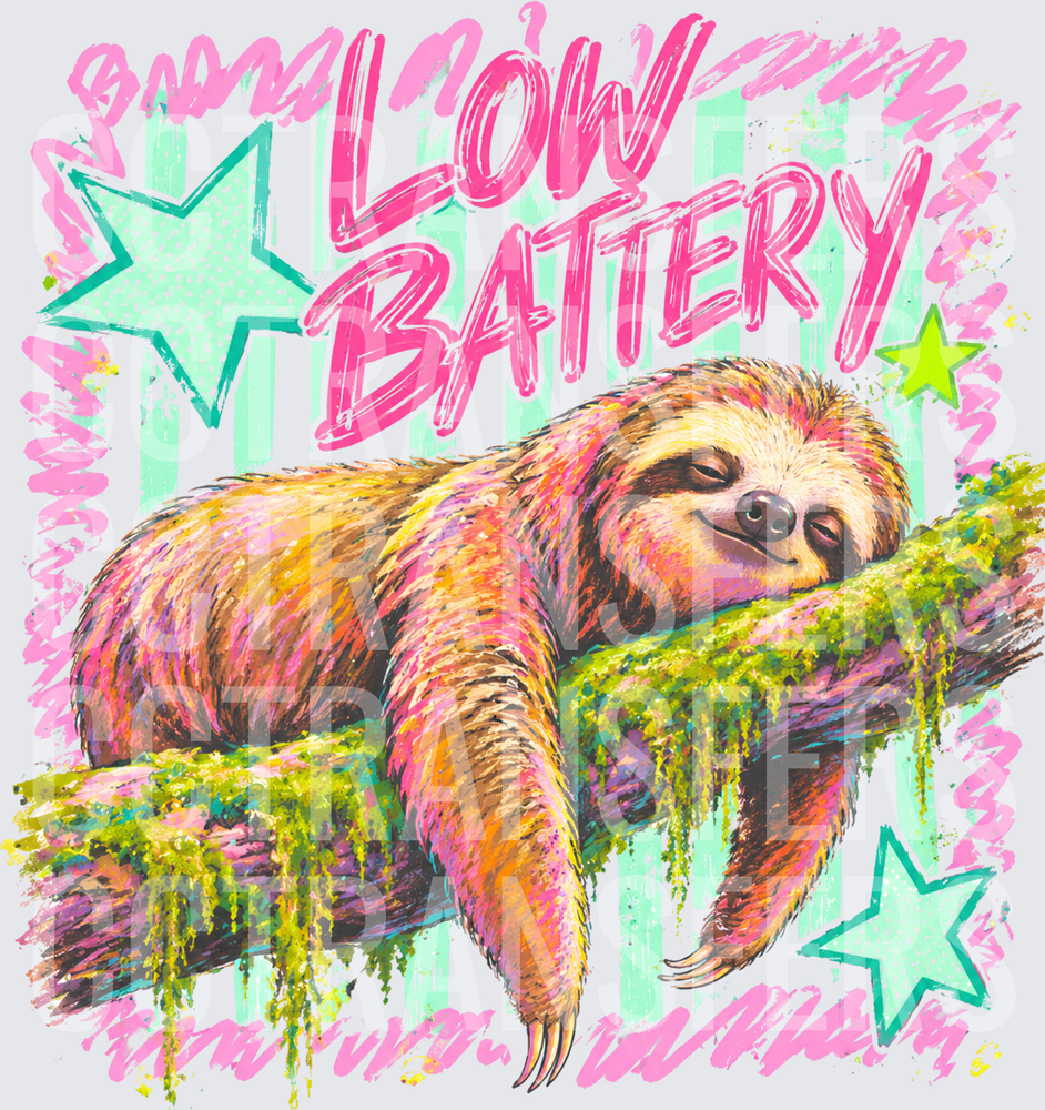 Low Battery Sleeping Sloth on Mossy Branch with Stars (DTF)