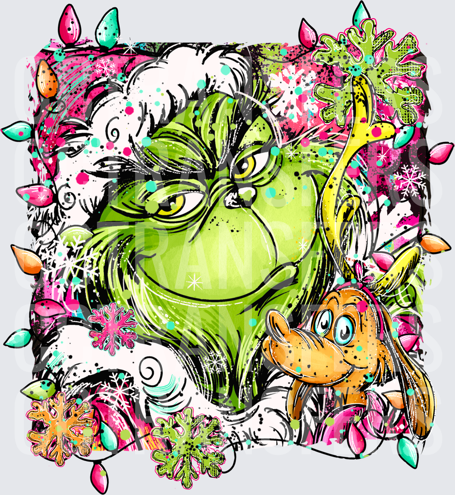 Sneaky Green G-Man with Dog Holiday Lights Snowflakes (DTF)