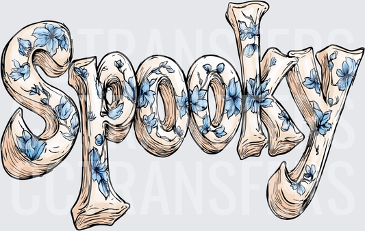 Spooky Bone-Style Lettering with Blue Floral Accents (DTF)
