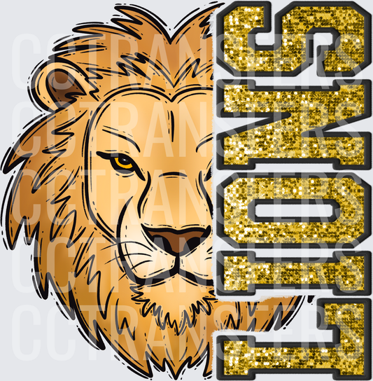 Lions Mascot Head Gold Glitter Varsity Letter Spirit (DTF)
