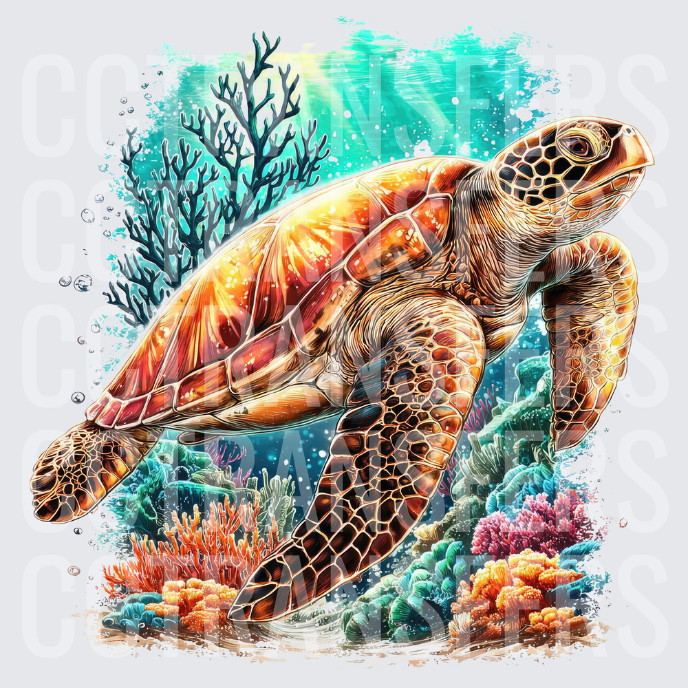 Vibrant Sea Turtle Swimming Over Coral Reef (DTF)