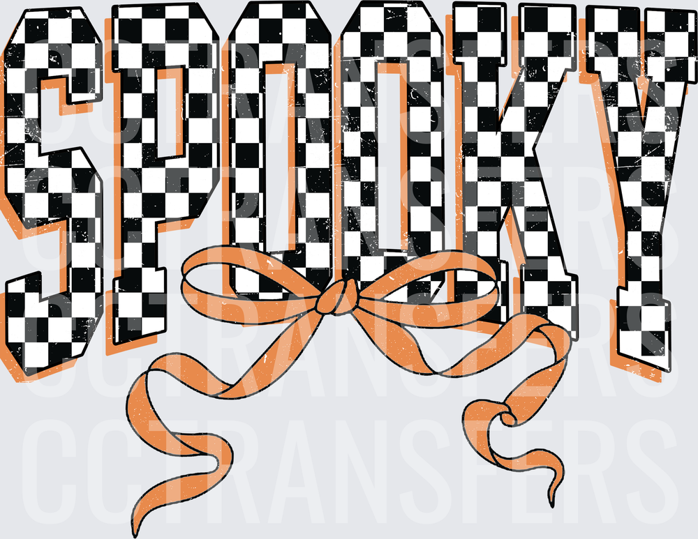 Spooky Black White Checkered Letters Orange Bow (DTF)