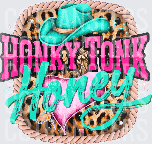 Honky Tonk Honey Teal Cowboy Hat Leopard Rope Border (DTF)