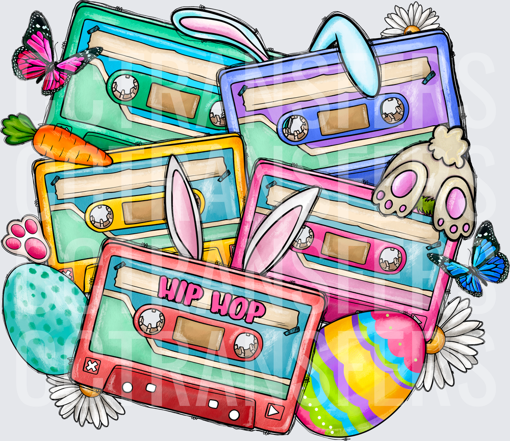 Hip Hop Easter Retro Cassette Tapes Bunny Ears Eggs (DTF)