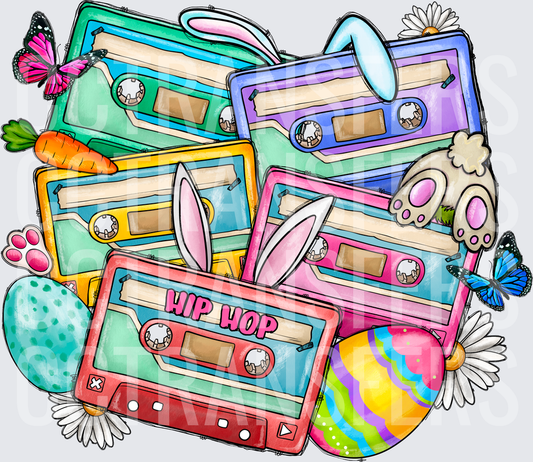 Hip Hop Easter Retro Cassette Tapes Bunny Ears Eggs (DTF)