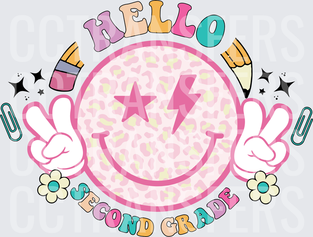 Hello Second Grade Leopard Smiley Face Peace Sign (DTF)
