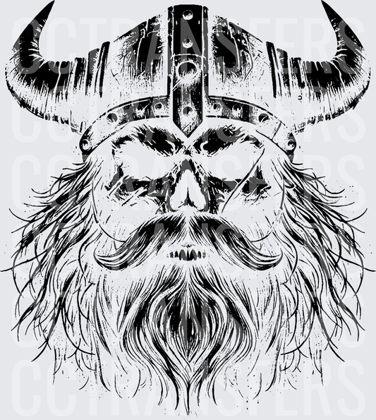 Skull Viking Horned Helmet Long Beard Black Ink (DTF)