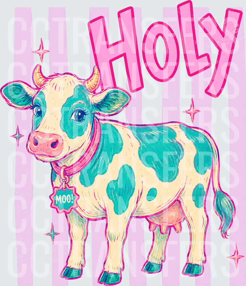 Holy Cow Teal Spotted Cute Cow MOO Tag Pink Stripes (DTF)