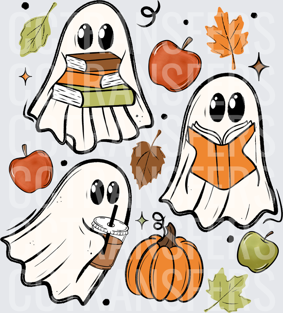 Cute Fall Ghosts Reading Books Iced Coffee Pumpkin (DTF)
