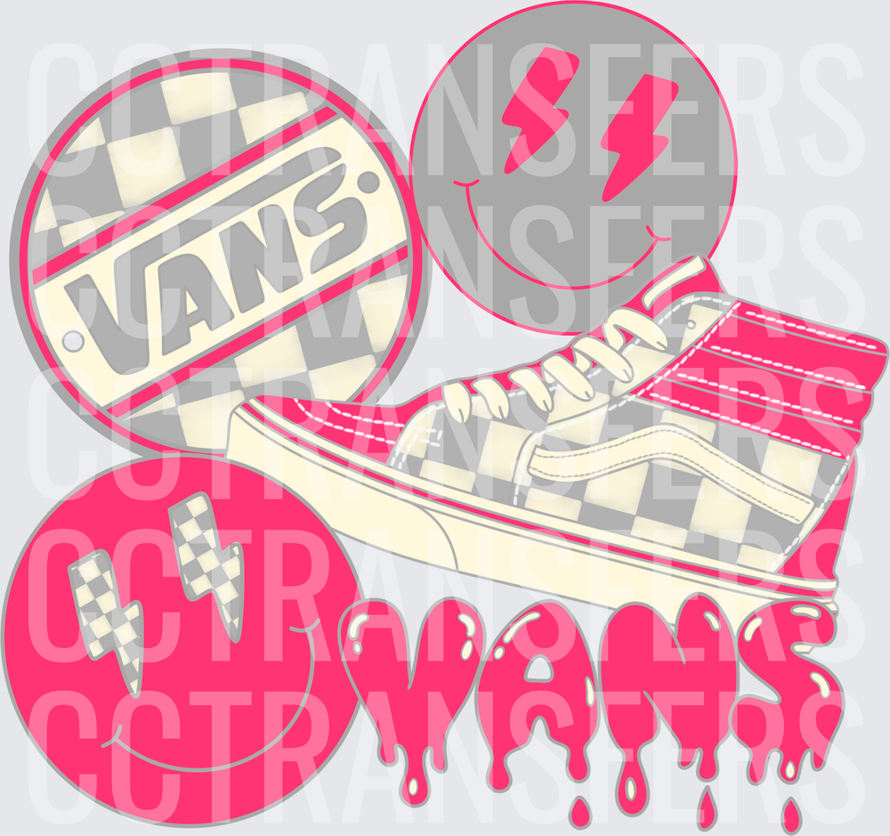 Pink Checkered High-Top Sneaker Smiley Face Drip Collage (DTF)