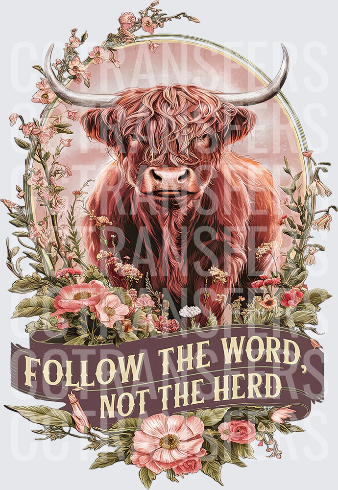 Follow The Word Not The Herd Highland Cow Floral (DTF)