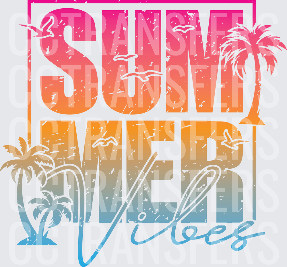 Summer Vibes Distressed Gradient Palm Trees Seagulls (DTF)