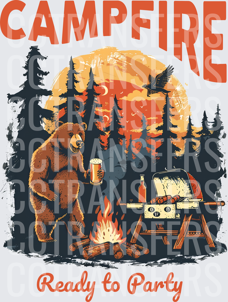 Campfire Ready To Party Bear Grilling With Beer (DTF)